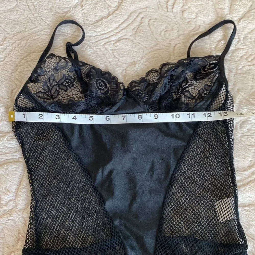 Teddy Black with floral Lace and Mesh. Hosiery Straps for a Sexy Fun Look